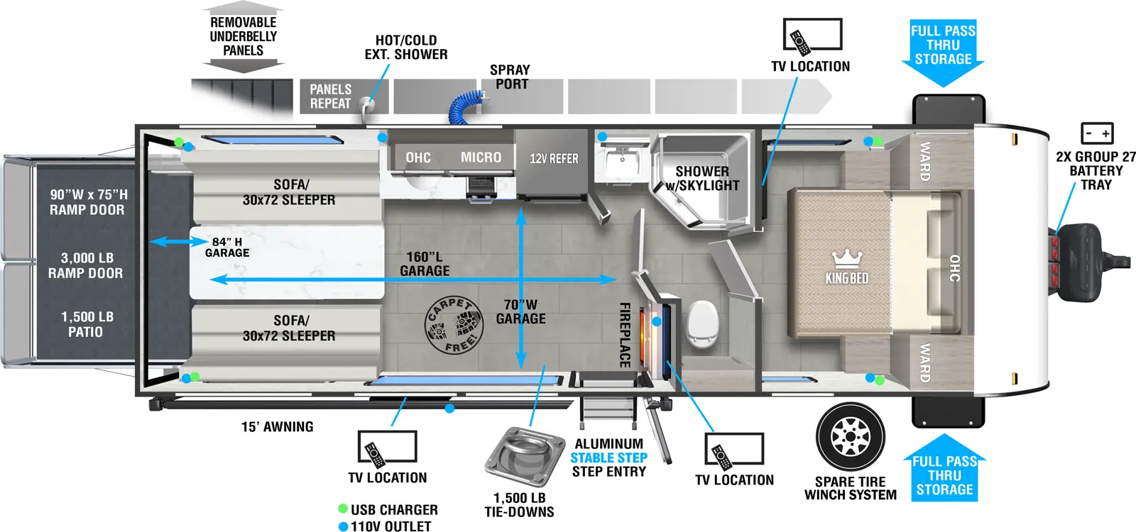 The Wildwood FSX 260RTK floorplan is a toy hauler that has one entry and zero slide outs. Exterior features include: fiberglass exterior and 15' awning. Interiors features include: front bedroom and pass through bathroom.